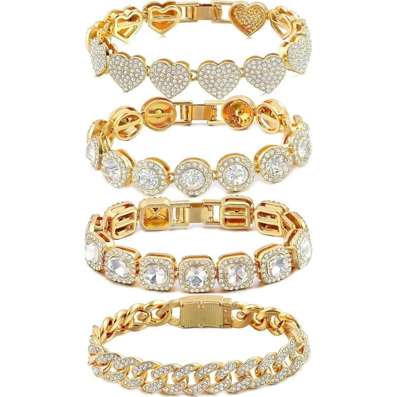 4PCS Gold Bracelets for Women Girls Silver Clustered Tennis Bracelet for Women Heart Round Diamond Cuban Bracelet Layered Link Bracelet Set Fashion Jewelry for Women Girls Gift Set