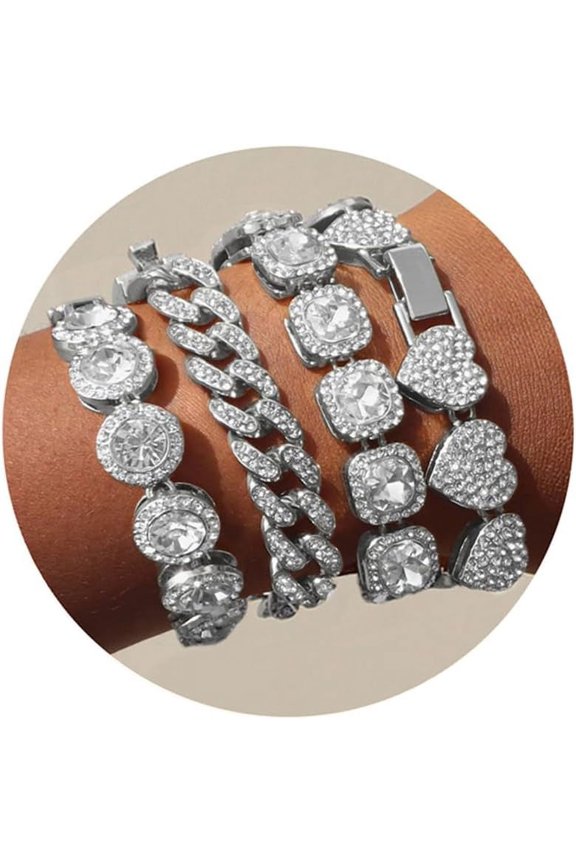4PCS Gold Bracelets for Women Silver Clustered Tennis Bracelet for Women Heart Round Diamond Cuban Bracelet Layered Link Bracelet Set Fashion Jewelry
