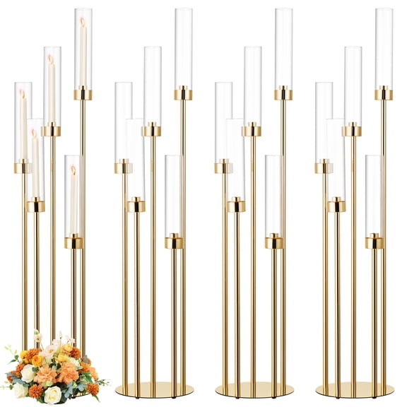 4PCS Gold Floor Candelabra with 5 Arms, Tall Candle Holder with Acrylic Lampshade for Weddings & Parties, Fits LED Taper Candles