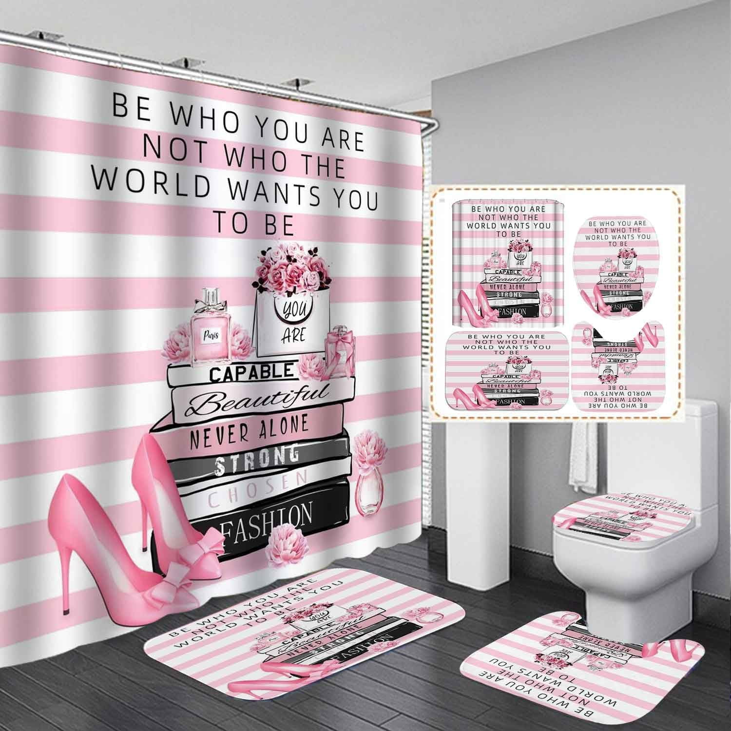 4PCS Gold Glitter Hello Gorgeous Shower Curtain Set, Hibiscus Pink