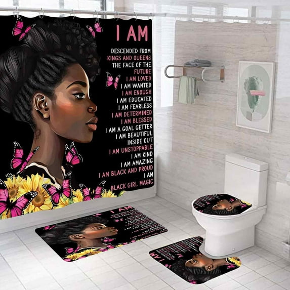 4PCS Gold Glitter Hello Gorgeous Shower Curtain Sets, Watercolor Pink Floral Black and White Striped Perfume Makeup Modern Fashion Women Bathroom Decor, Non-Slip Bath Mat Toilet Rug, Hibiscus