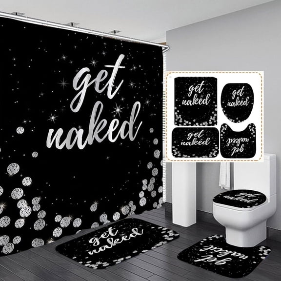 4PCS Gold Glitter Hello Gorgeous Shower Curtain Sets, Watercolor Pink Floral Black and White Striped Perfume Makeup Modern Fashion Women Bathroom Decor, Non-Slip Bath Mat Toilet Rug, Hibiscus