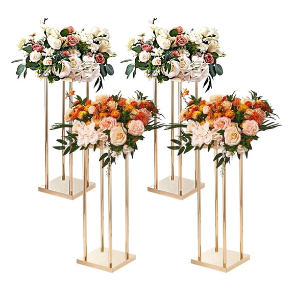 4PCS Gold Metal Column Wedding Flower Stand 31.5 Inch High Metal Laminate Vase Geometric Centerpiece Cylindrical Floral Display Rack for Events Reception Party Road Leads