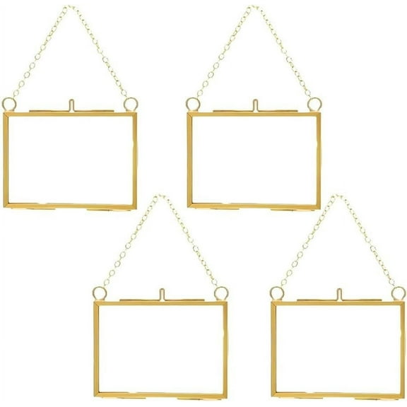 4PCS Gold Picture Frame Ornaments for Tree, 2x3 Inch Brass Hanging Photo Frame, Glass Frame for Pressed Flowers with Chain, DIY Vintage Home Decor, Plant Specimen Artwork Display(Stye-B)