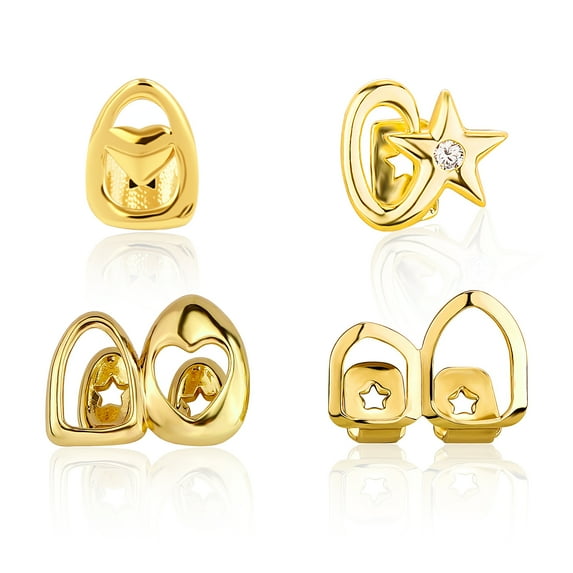 4PCS Gold & Silver Hip Hop Grillz Set, Iced-Out Design with Cubic Zirconia, Removable Party Rapper Teeth Jewelry for Men and Women