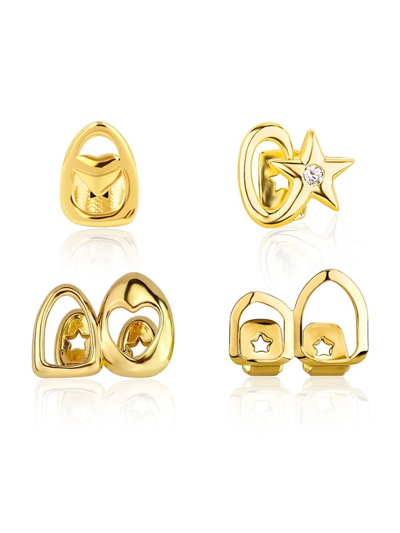 4PCS Gold & Silver Hip Hop Grillz Set, Iced-Out Design with Cubic Zirconia, Removable Party Rapper Teeth Jewelry for Men and Women