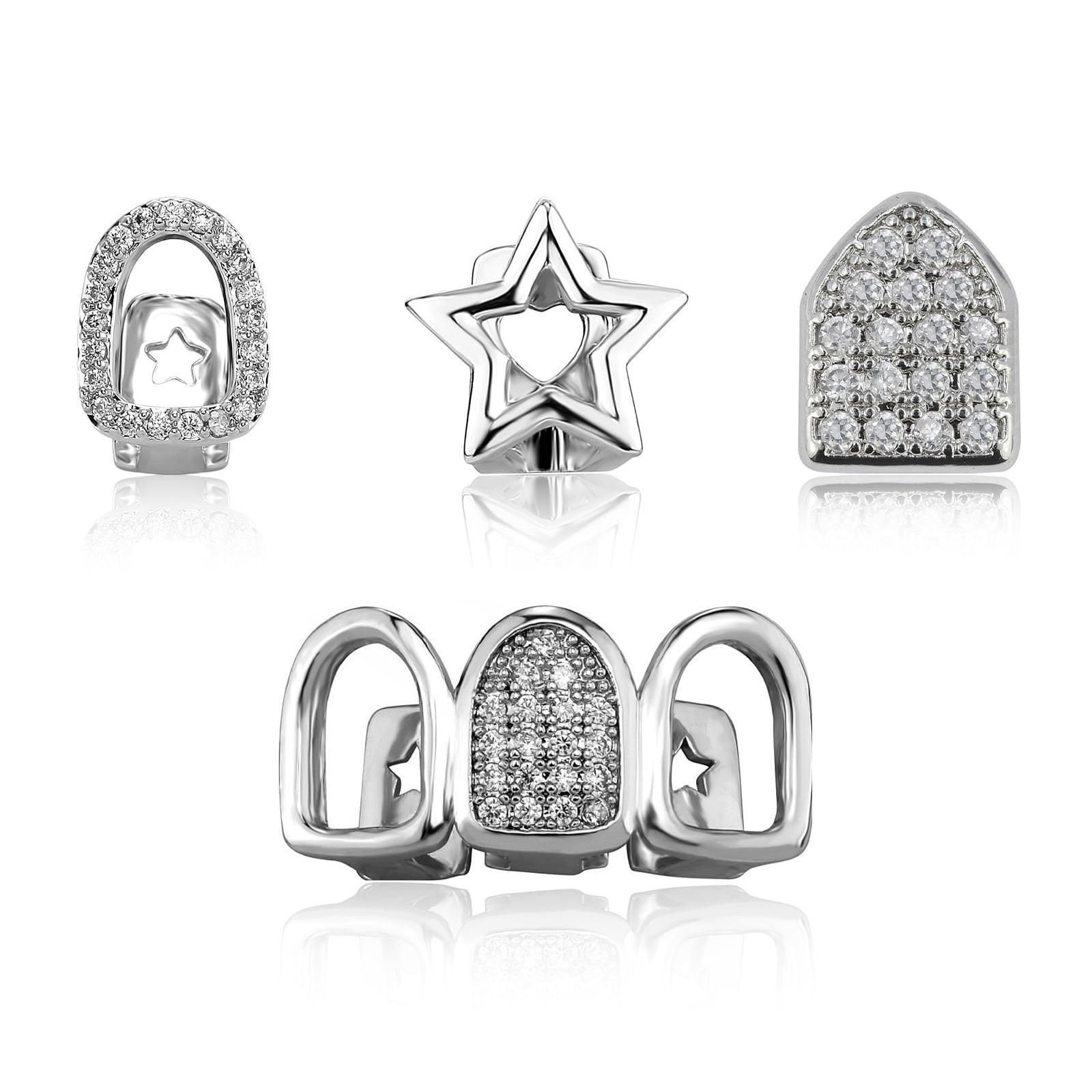 4PCS Gold & Silver Teeth Grillz Set, Iced-Out Design with Cubic Zirconia, Removable Party Rapper Grillz for Hip Hop, Halloween, Music Festival