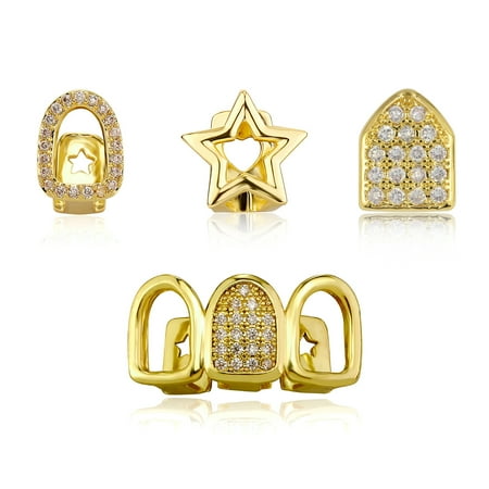4PCS Gold & Silver Teeth Grillz Set, Iced-Out Design with Cubic Zirconia, Removable Party Rapper Grillz for Hip Hop, Halloween, Music Festival
