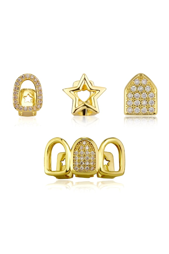 4PCS Gold & Silver Teeth Grillz Set, Iced-Out Design with Cubic Zirconia, Removable Party Rapper Grillz for Hip Hop, Halloween, Music Festival
