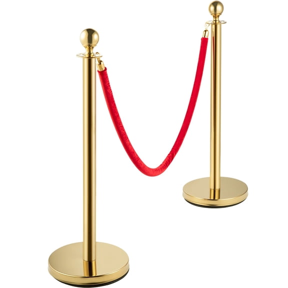 4PCS Gold Stanchion Posts Queue Set, 37.8 in Stainless Steel Crowd Control Barriers with 5 ft Red Velvet Ropes, Stable Bases for Red Carpet Events, Parties, Hotels, Theaters and Ticket Lines