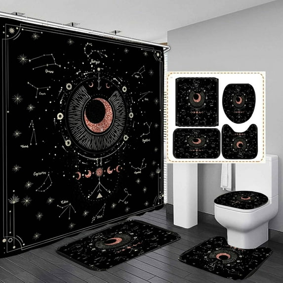 4PCS Gold Sun and Moon Shower Curtain Set, Boho Bohemian Aesthetic Mandala Mystic Stars Celestial Bathroom Decor, Waterproof Fabric Black Shower Curtain, Non-slip Bath Mat Bathroom Rugs