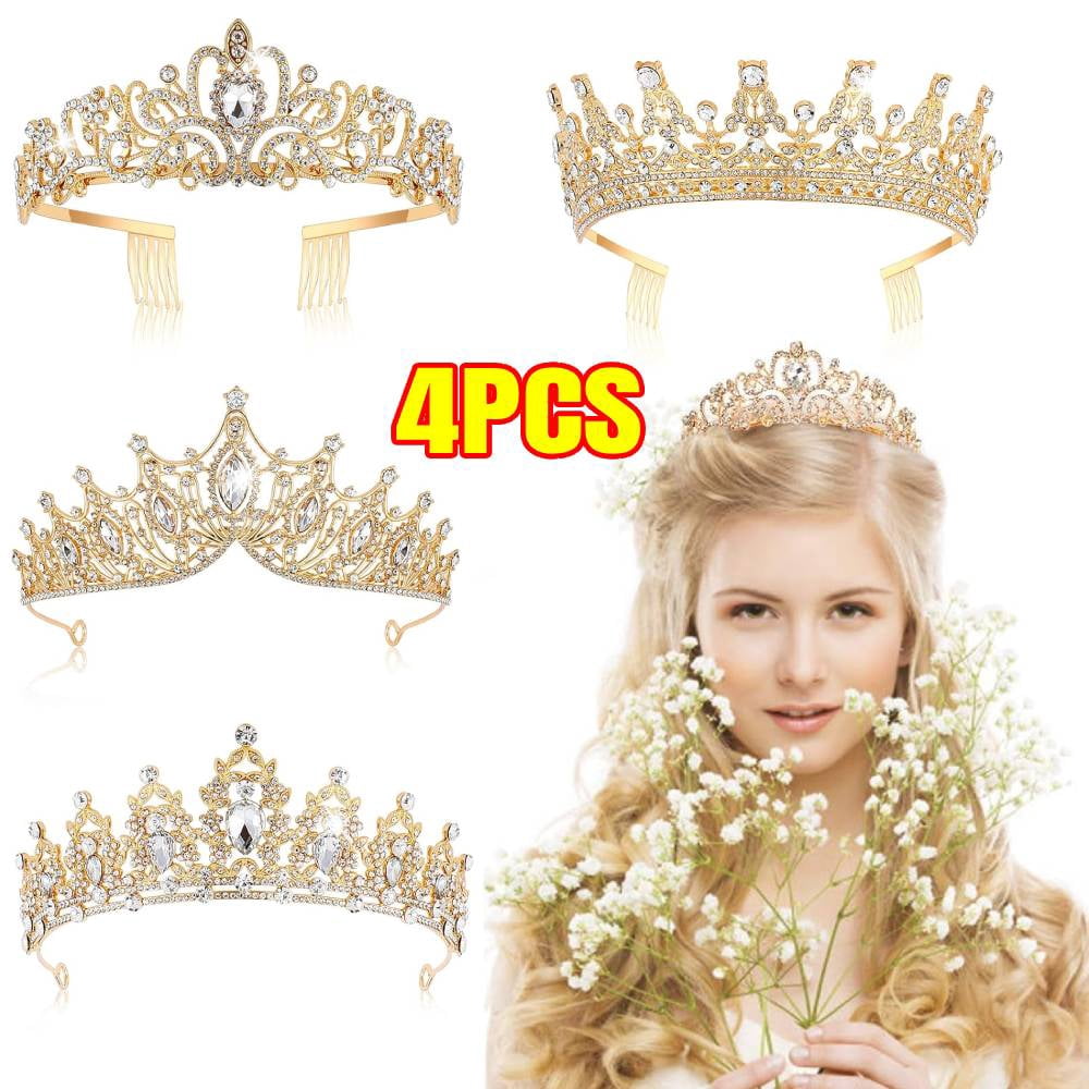 4PCS Gold Tiara Crystal Crowns Rhinestone Crown Bride Bridal 