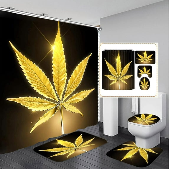4PCS Golden Maple Shower Curtain Sets with Rugs Glitter Gold Maple Leaf Shower Curtain with 12 Hooks Black Background Bathroom Decor Waterproof Durable Bathroom Sets with Bath Mat