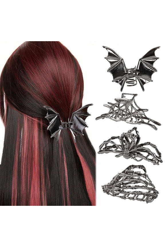 4PCS Gothic Spider Hair Clips Black Web Bat Skeleton Hand Skull Claw Clips for Women,Large Medium Size for Thick Thin Hair,Hiphop Metal Hair Accessories for Halloween Decor Party Gift