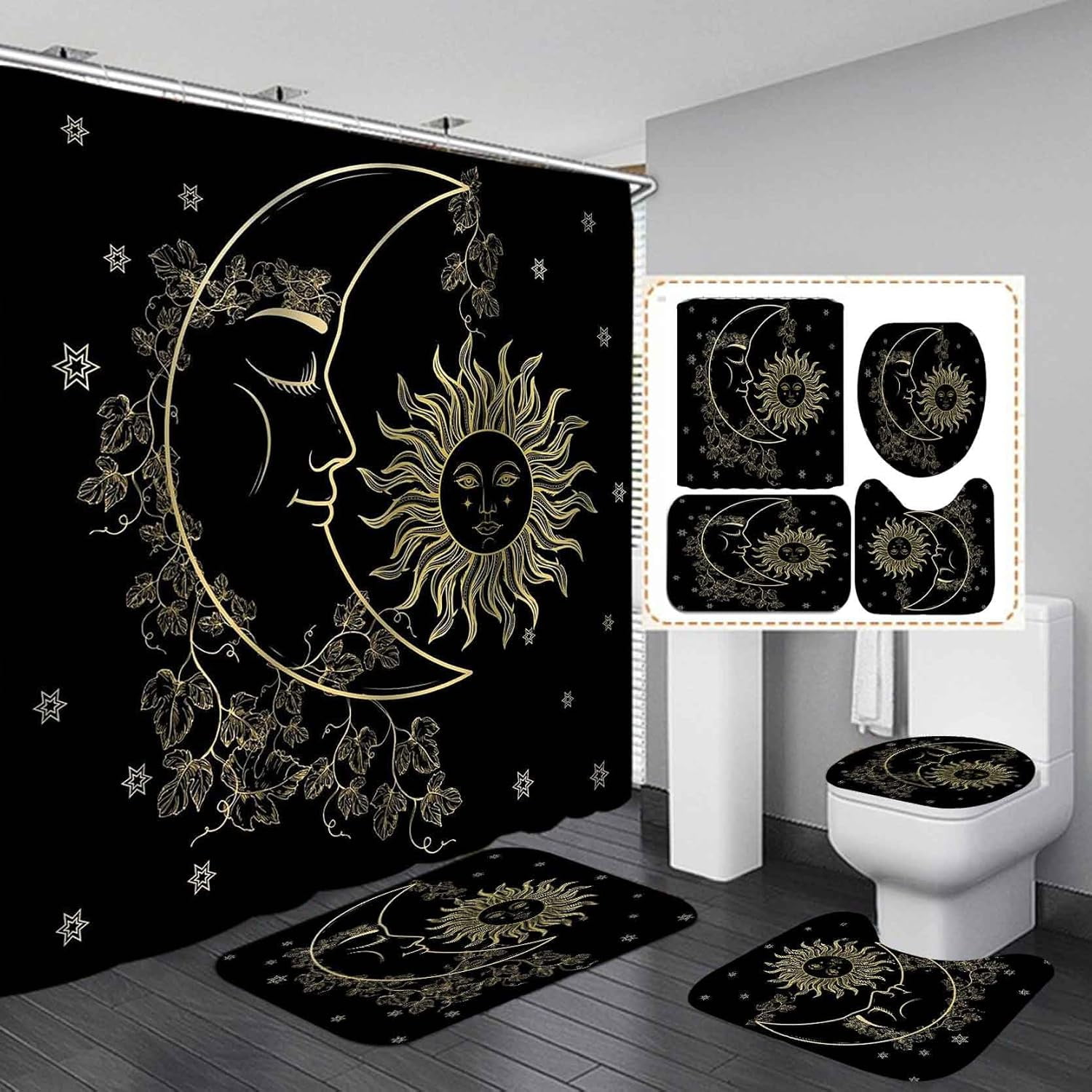 4PCS Green Moth Shower Curtain Set, Moon Phase Plant Mushroom Butterfly