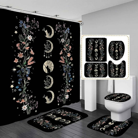 Celestial Boho Shower Curtain Sets 4-Piece Waterproof Polyester 72x72 Inch, Green Moth & Moon Phase Design with Non-Slip Bath Mat, Nature Inspired Bathroom Decor Includes 12 Hooks