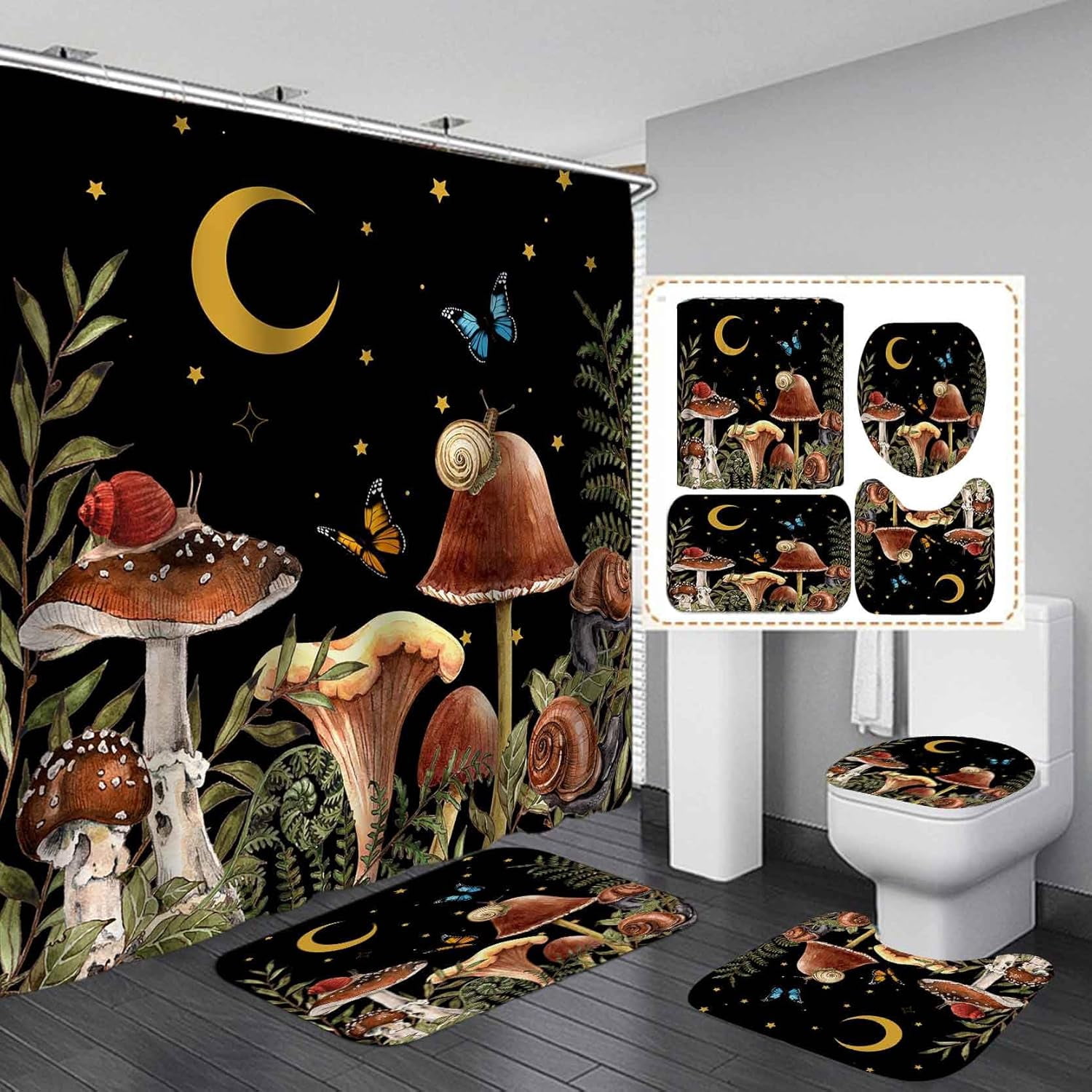 4PCS Green Mushroom Shower Curtain Set, Frog Snail Butterfly Plant ...