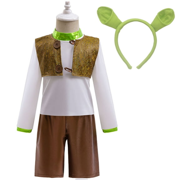 4PCS Green Ogre Costume for Kids Halloween Movie Cosplay Top Pant Vest Headband Set, Size 2-3T