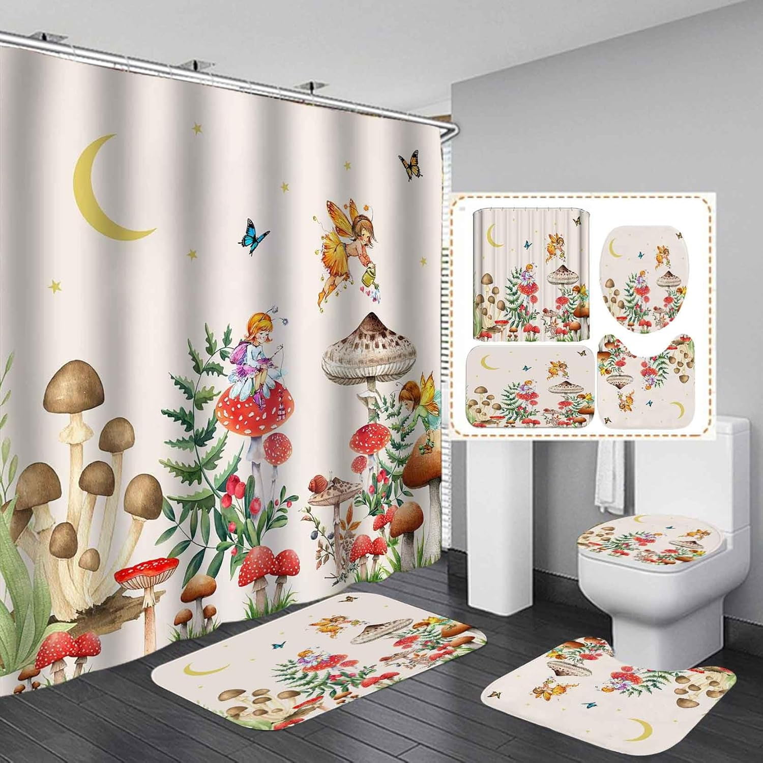 4PCS Green Trippy Mushroom Shower Curtain Set, Full Moon Starry Sky Red ...