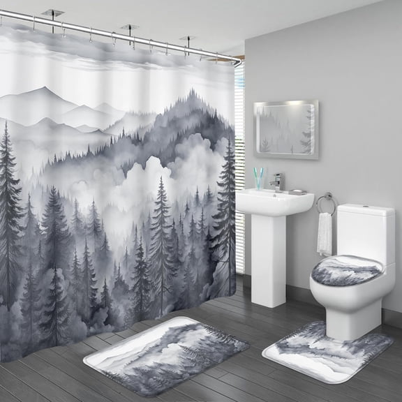 4PCS Grey Misty Forest Mountain Bathroom Sets with Shower Curtain and Rugs, Nature Pine Tree Landscape Shower Curtain Sets with Rugs, Rustic Woodland Bathroom Curtains Shower Set