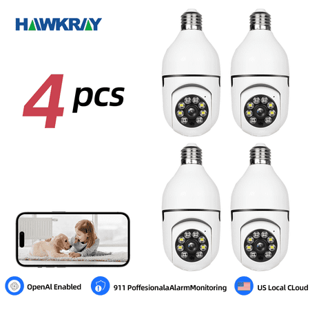 Hawkray Tech High Definition 2K CCTV Surveillance Cameras with 4 Cameras, 4 USB Charging Cables, 4 Bulb Bases, White, (4-Pack)