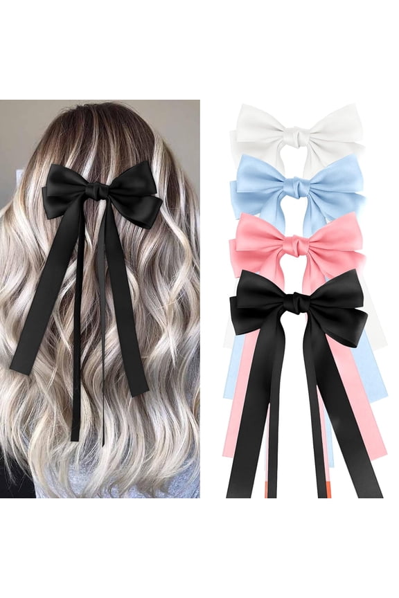 4PCS Hair Bows for Women Girls Silky Bow Hair Ribbon Clips with Long Tail Alligator Metal Clips Hair Bows