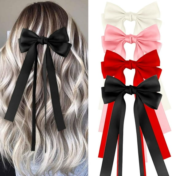 4PCS Hair Bows for Women Girls Silky Bow Hair Ribbon Clips with Long Tail Alligator Metal Clips Hair Bows