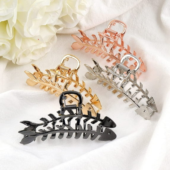 4PCS Hair Clips Fish Bone Shape Hair Claw Clip Large Metal Fishbone Hair Claw Clips Fashion Geometry Hair Clamps Crabs for Women Non-slip Hollow Hair Jaw Clamp Clips, Gold Hair Accessories