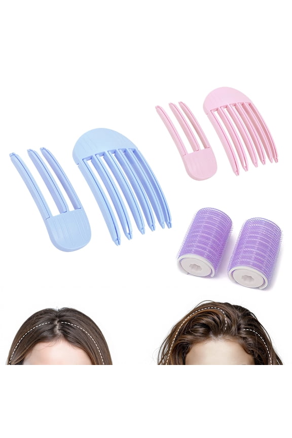 6PCS Hair Volume Styling Set, Root Lifting Hair Clips and Volumizing Curlers for Women, No-Crease Heatless Styling Clips for Fluffy Bangs, Crown Volume and Flat Hair, Blue and Pink