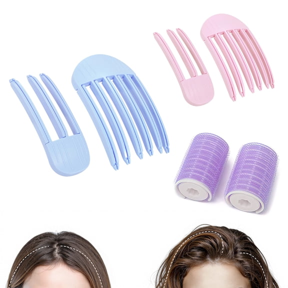 JDMEOPD 6PCS Hair Volume Styling Set, Root Lifting Hair Clips and Volumizing Curlers for Women, No-Crease Heatless Styling Clips for Fluffy Bangs, Crown Volume and Flat Hair, Blue and Pink