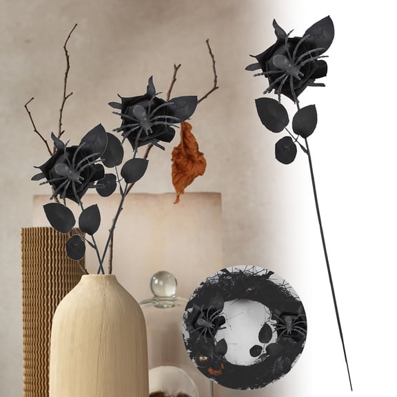 4PCS Halloween Artificial Roses with Spiders - Silk Flower Bouquet, Black Leaf Rose Stems for Haunted House Decor, Halloween Party Centerpieces & Props