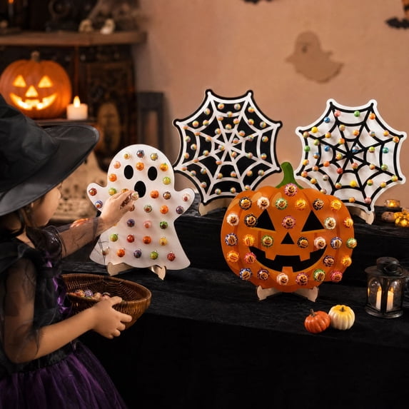 4PCS Halloween Candy Stand, Wooden Lollipop Holder, Multi-Hole Cake Pop Display Rack for Halloween Party Dessert Table Decor(Pumpkin,Ghost,Spider Web)