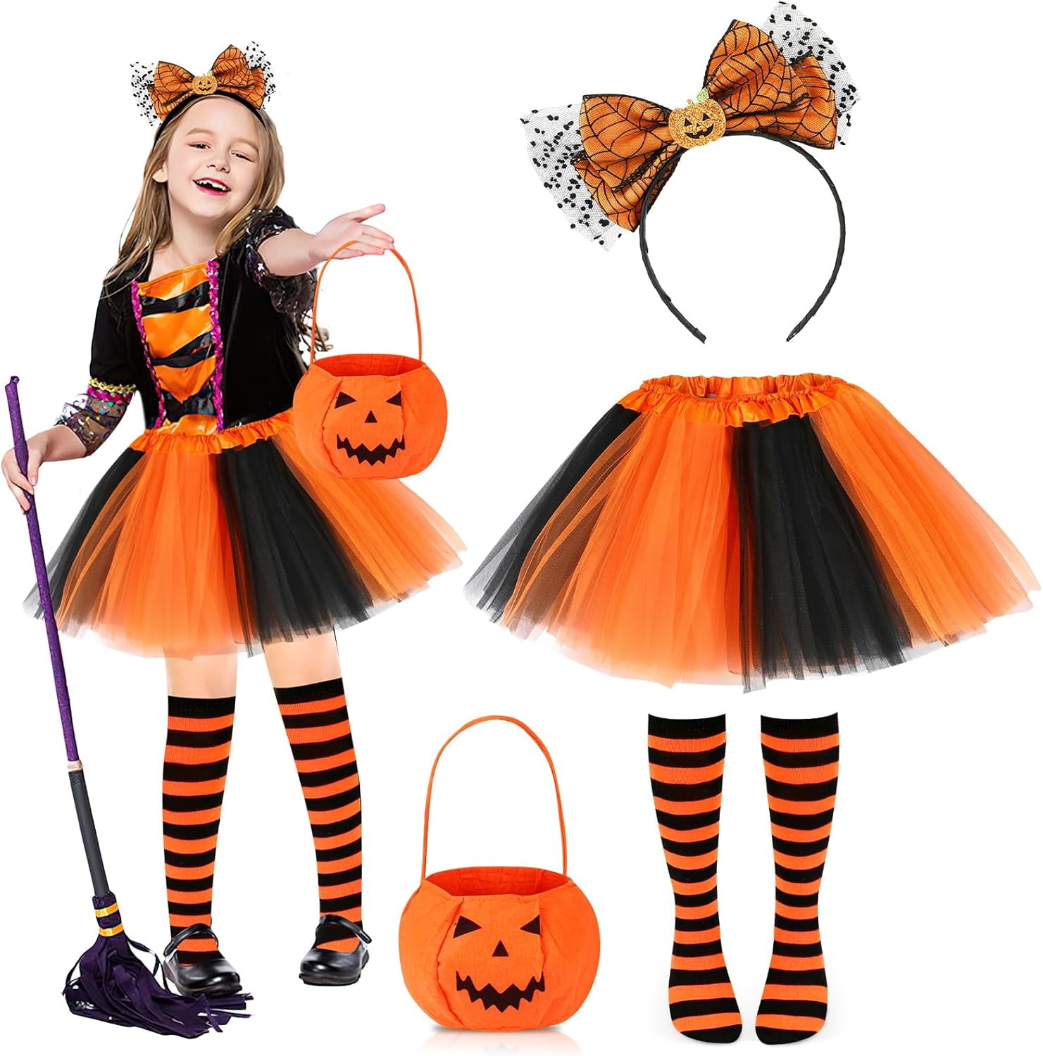 4PCS Halloween Costume Set for Kids Girls, Black and Orange Tutu