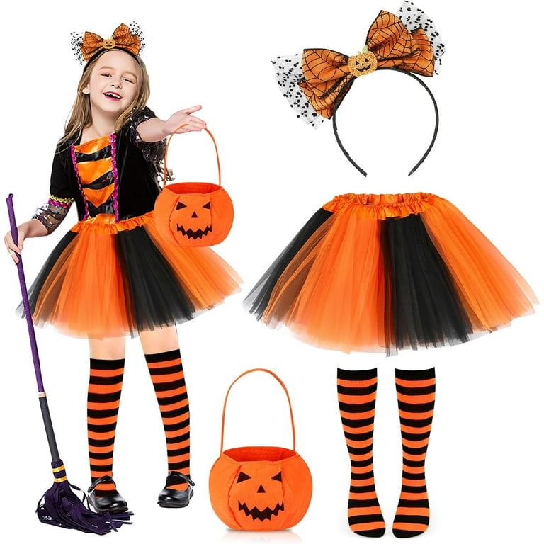 4PCS Halloween Costume Set for Kids Girls, Black and Orange Tutu