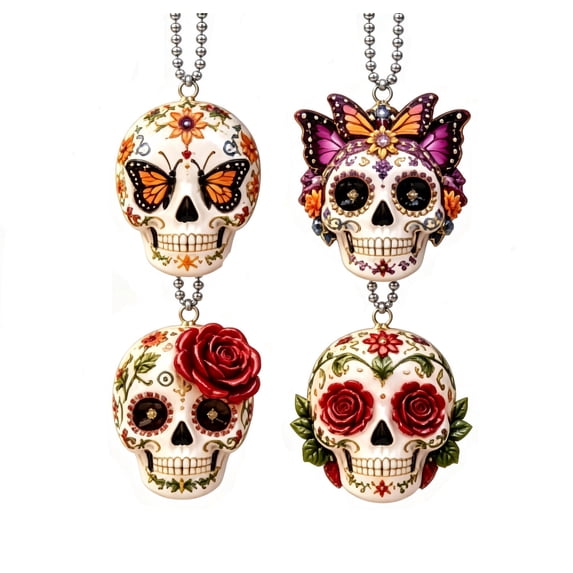 4PCS Halloween Day of the Dead Sugar Skulls Acrylic Hanging Ornaments,Halloween Floral Skeleton Ornament for Home Tree Wall Decoration