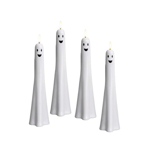 4PCS Halloween Ghost Flameless Taper Candles Flickering Battery Operated with Remote and Timer, 3D Wick White Real Wax LED Taper Candles for Halloween Dinner Decor (SET3)