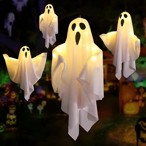 4PCS Halloween LED Ghost Hangs Decoration Light Up White Flying Ghosts Tree Ornaments Halloween Pendant For House Party Supplies