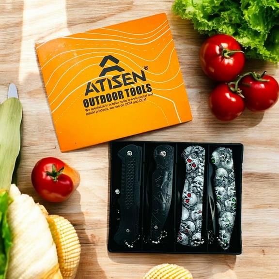 4PCS Halloween Pocket Knives  Red & Green-Eyed Skull Designs, 6.22", Lightweight & Portable, Ideal for Outdoor Survival, Camping, and Perfect Halloween Gifts for Men