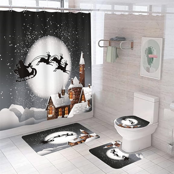 4PCS Halloween Shower Curtain Set with Non-Slip Rug, Toilet Lid Cover and Bath Mat, Moon Night Forest Pumpkin Shower Curtain with 12 Hooks, Waterproof Shower Curtain for Halloween Bathroom Decor
