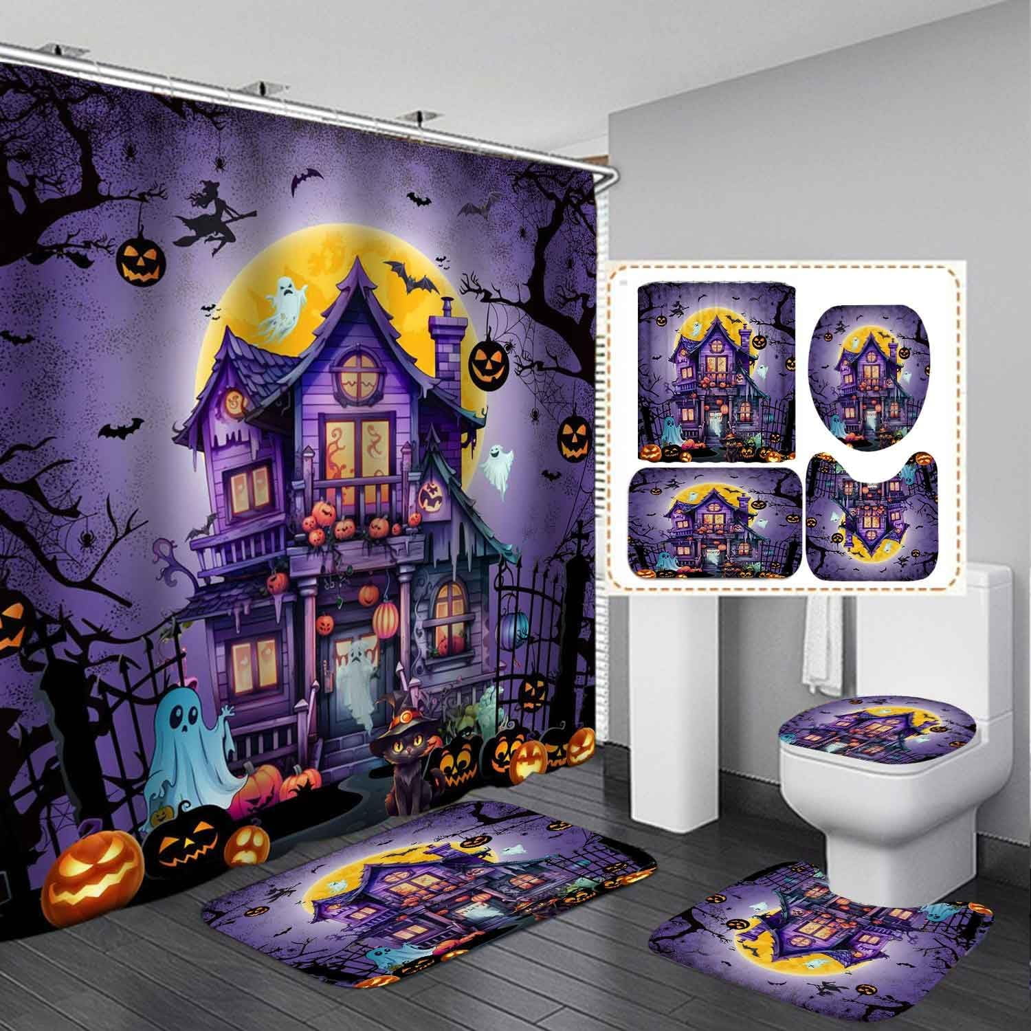 4PCS Halloween Shower Curtain Set, Waterproof Fabric Black Shower
