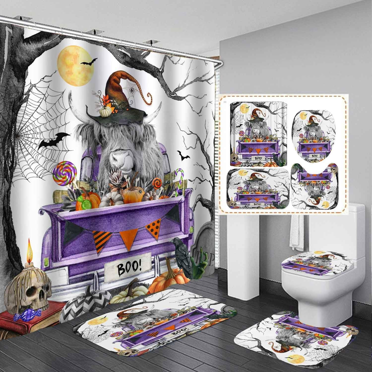 4PCS Halloween Shower Curtain Sets with Rugs, Waterproof Fabric Green