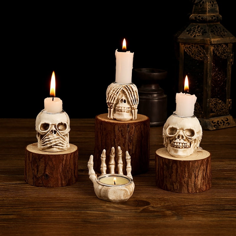 4PCS Halloween Skeleton Candlestick Resin Skull Candle Holder Tealight