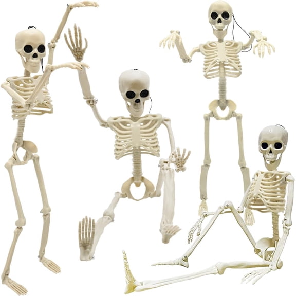 4PCS Halloween Skeletons Decorations, 16" Full Body Plastic Mini Little Skeleton Posable Joints Poseable Skeleton for Halloween Party Hanging Decoration Yard Lawn Garden Patio Decor