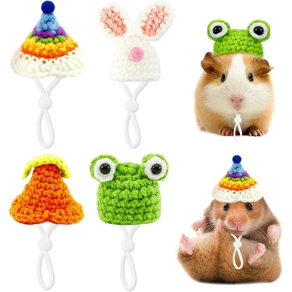 4PCS Hamster Hat Mini Small Animals Hat with Adjustable Strap Lovely Hand Knitted Frog Rainbow Carrot Tiny Hats for Lizard Guinea Pig Reptile Christmas Holiday Party Clothes Costume Accessories