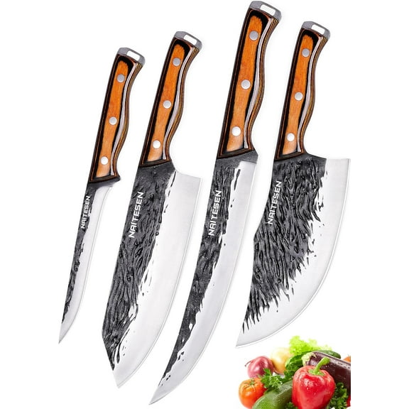 4PCS Hand Forged Butcher Knife and Kitchen 2 in 1 Set, Heavy Duty Meat Cleaver Serbian Chef Breaking Boning for Cutting BBQ Gifts Men Women