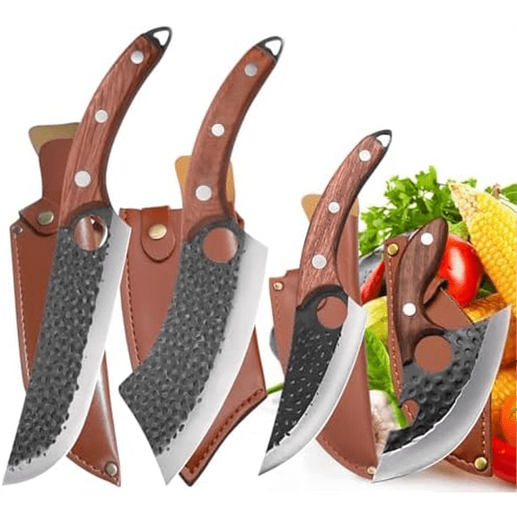 4PCS Hand Forged Kitchen Knife Set with Sheaths, High Carbon Steel Viking Butcher Knife Set, Serbian Chef Cleaver, Heavy Duty Boning Knife & Slicing Knife for Outdoor BBQ, Camping, Hunting