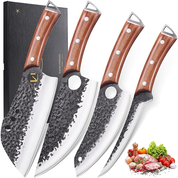 4PCS Hand Forged Kitchen Knives Set-Meat Cleaver Knife & Serbian Chef Knives & Vegetable Knives & Boning Knives, Viking Knives for Kitchen, Outdoor Cooking, BBQ Gift for Men