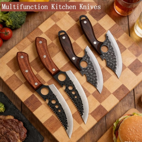 4PCS Handmade Forged Boning Knife Kitchen Chef Knife Professional Beef Fish Meat Cleaver Multipurpose Mini Cheese Pizza Barbecue Stainless Steel Knife Ideal for Women's Kitchen Gifts