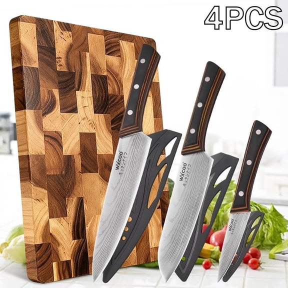 4PCS Handmade Forged Stainless Steel Fruit Knife Sharp Sashimi Knife Professional Chef Knife High Quality Household Cooking Tool Easy Grip Handle Wood Chopping Board Fish Kitchen Cutting Board Set