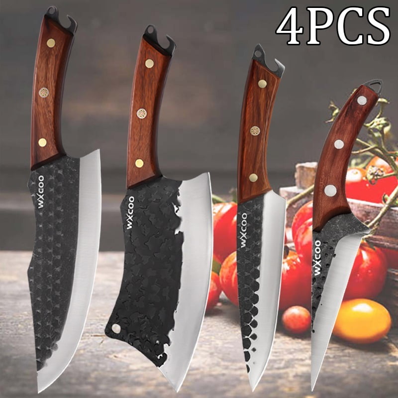 4PCS Handmade Utility Knife Stainless Steel Santoku Knife Forged Knife Multipurpose Knife Sharp Chef Knife Unique Knives for Cooking Kitchen Must Haves Fruit Fish Meat Cleaver Boning Knife Barbecue